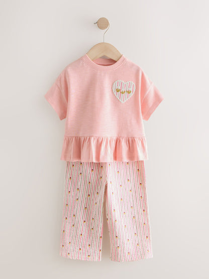 Pink Short Sleeve Peplum T-Shirt and Wide Leg Trousers Set (3mths-7yrs) image 1