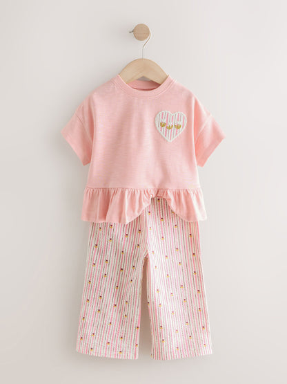 Pink Short Sleeve Peplum T-Shirt and Wide Leg Trousers Set (3mths-7yrs) image 2