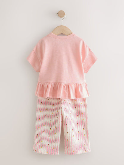 Pink Short Sleeve Peplum T-Shirt and Wide Leg Trousers Set (3mths-7yrs) image 3