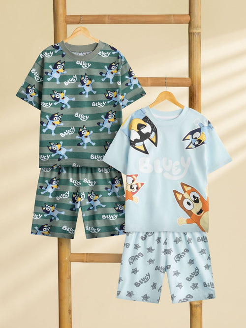 Vanilla Underground Blue Bluey Boys Multicoloured Multi Character Multi-Pack of 2 Short Sleeve Short Leg Pyjama Set image 1