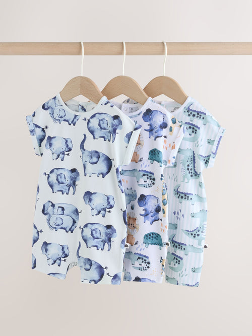 Blue Watercolour Animal Printed Popper Baby Jersey Rompers 3 Pack image 1
