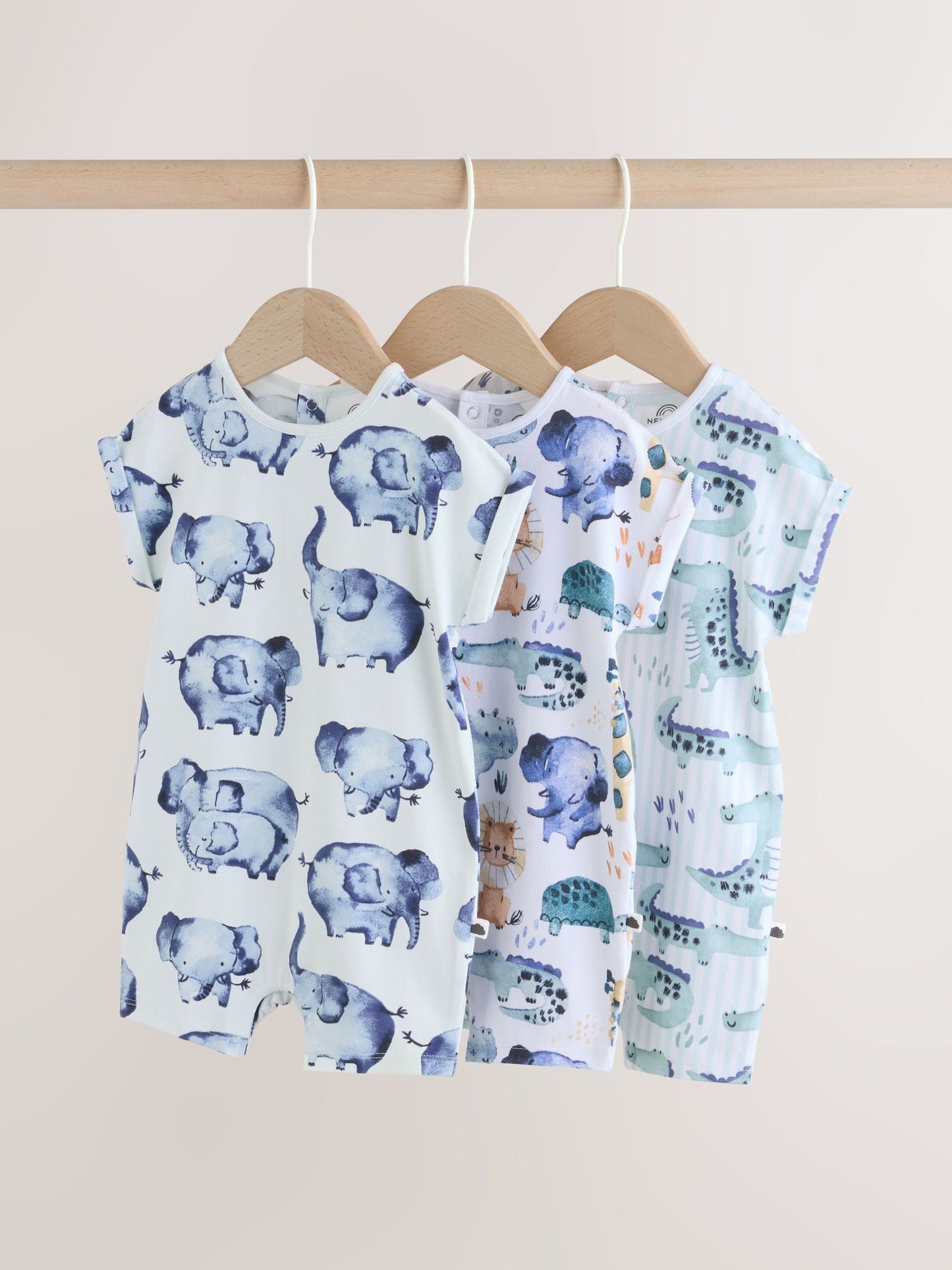 Blue Watercolour Animal Printed Popper Baby Jersey Rompers 3 Pack image 1