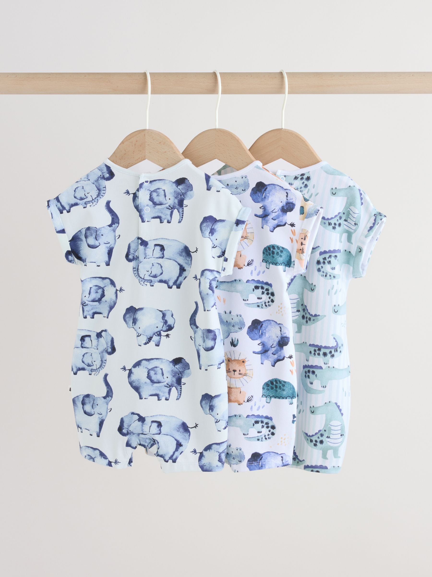Blue Watercolour Animal Printed Popper Baby Jersey Rompers 3 Pack image 2