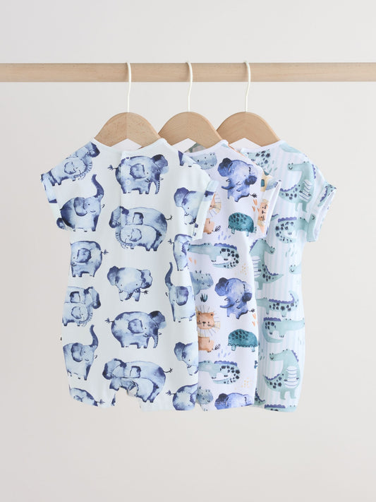 Blue Watercolour Animal Printed Popper Baby Jersey Rompers 3 Pack image 2