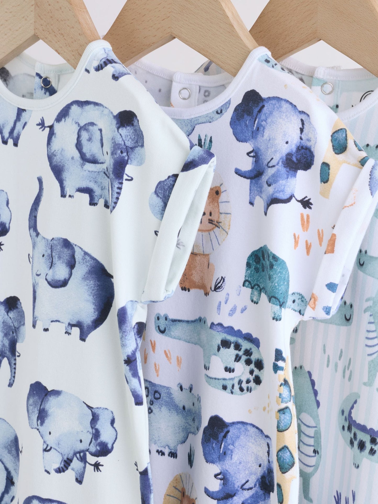 Blue Watercolour Animal Printed Popper Baby Jersey Rompers 3 Pack image 7