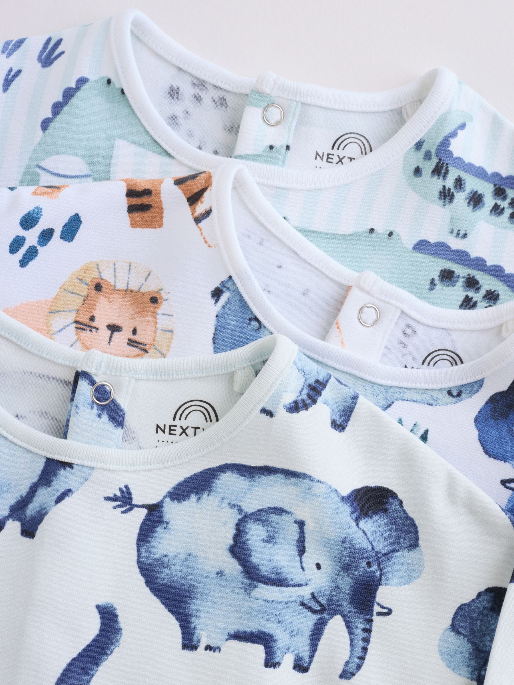 Blue Watercolour Animal Printed Popper Baby Jersey Rompers 3 Pack image 8