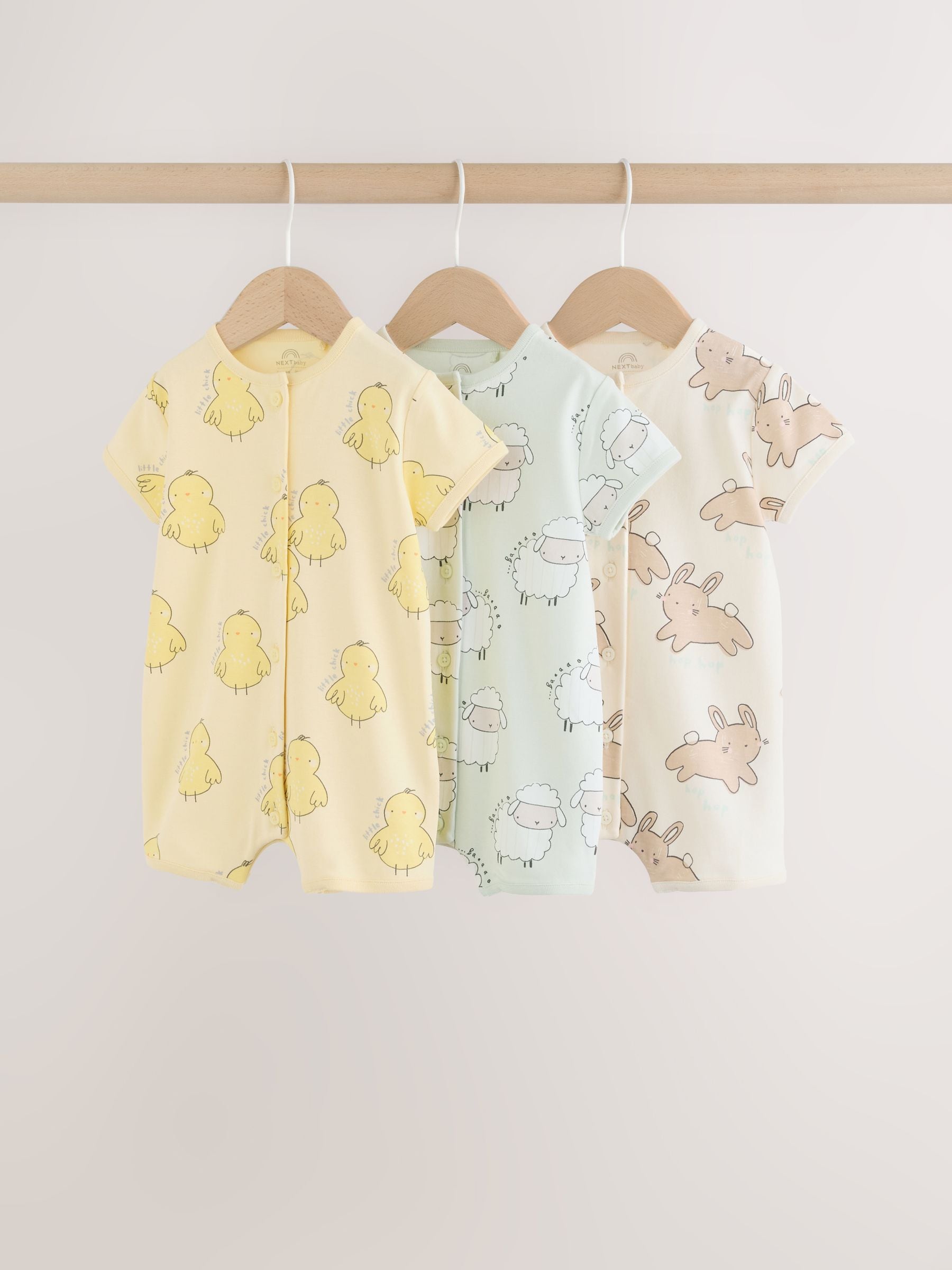 Yellow Spring/Character Button Through Baby Jersey Rompers 3 Pack image 1