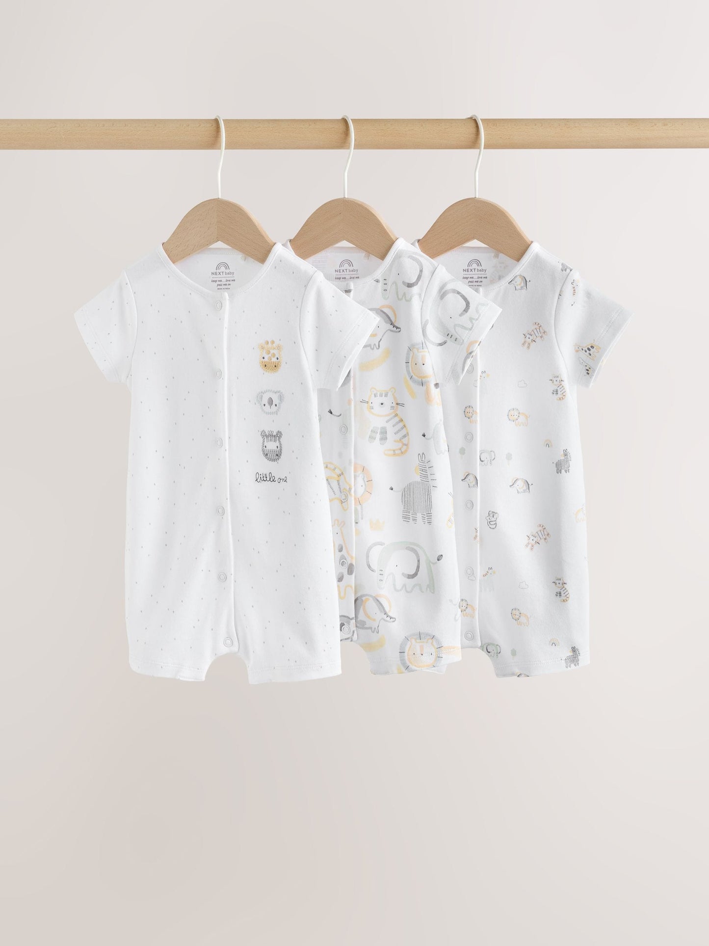 White Safari Animal Embroidered Jersey Baby Rompers 3 Pack image 1