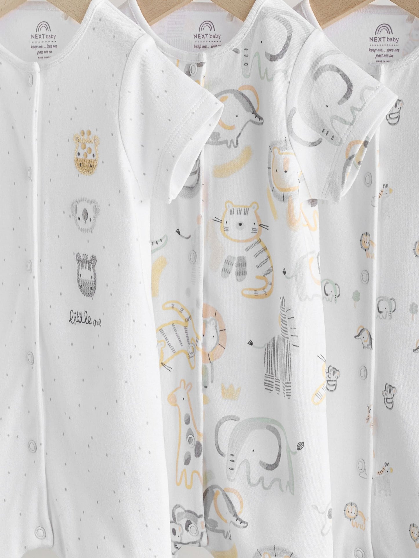 White Safari Animal Embroidered Jersey Baby Rompers 3 Pack image 7