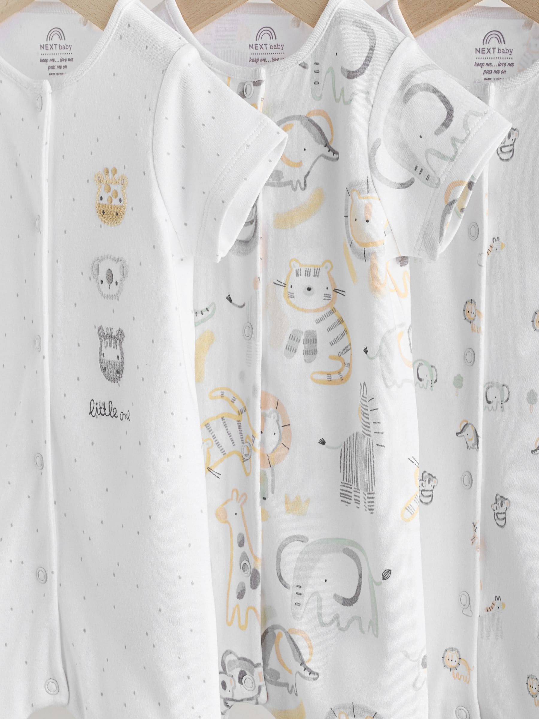 White Safari Animal Embroidered Jersey Baby Rompers 3 Pack image 7