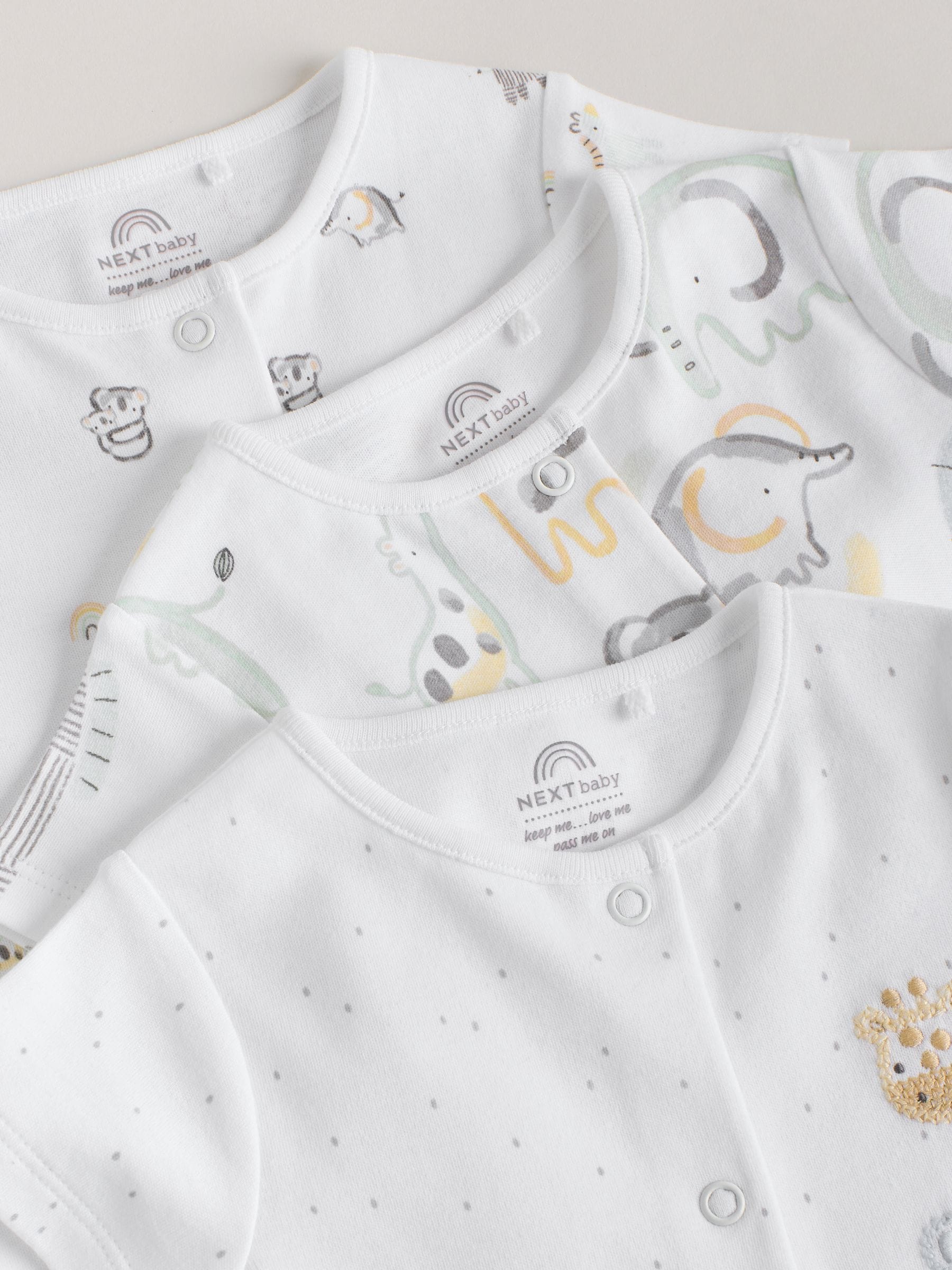 White Safari Animal Embroidered Jersey Baby Rompers 3 Pack image 8