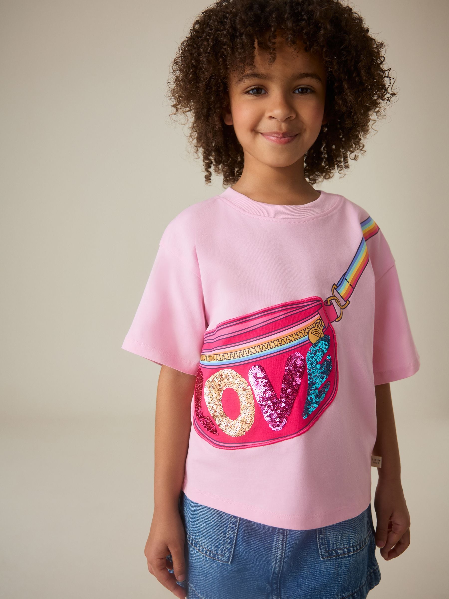 Little Bird by Jools Oliver Pink Bag Rainbow Strap Short Sleeve Jersey Slogan T-Shirt image 3