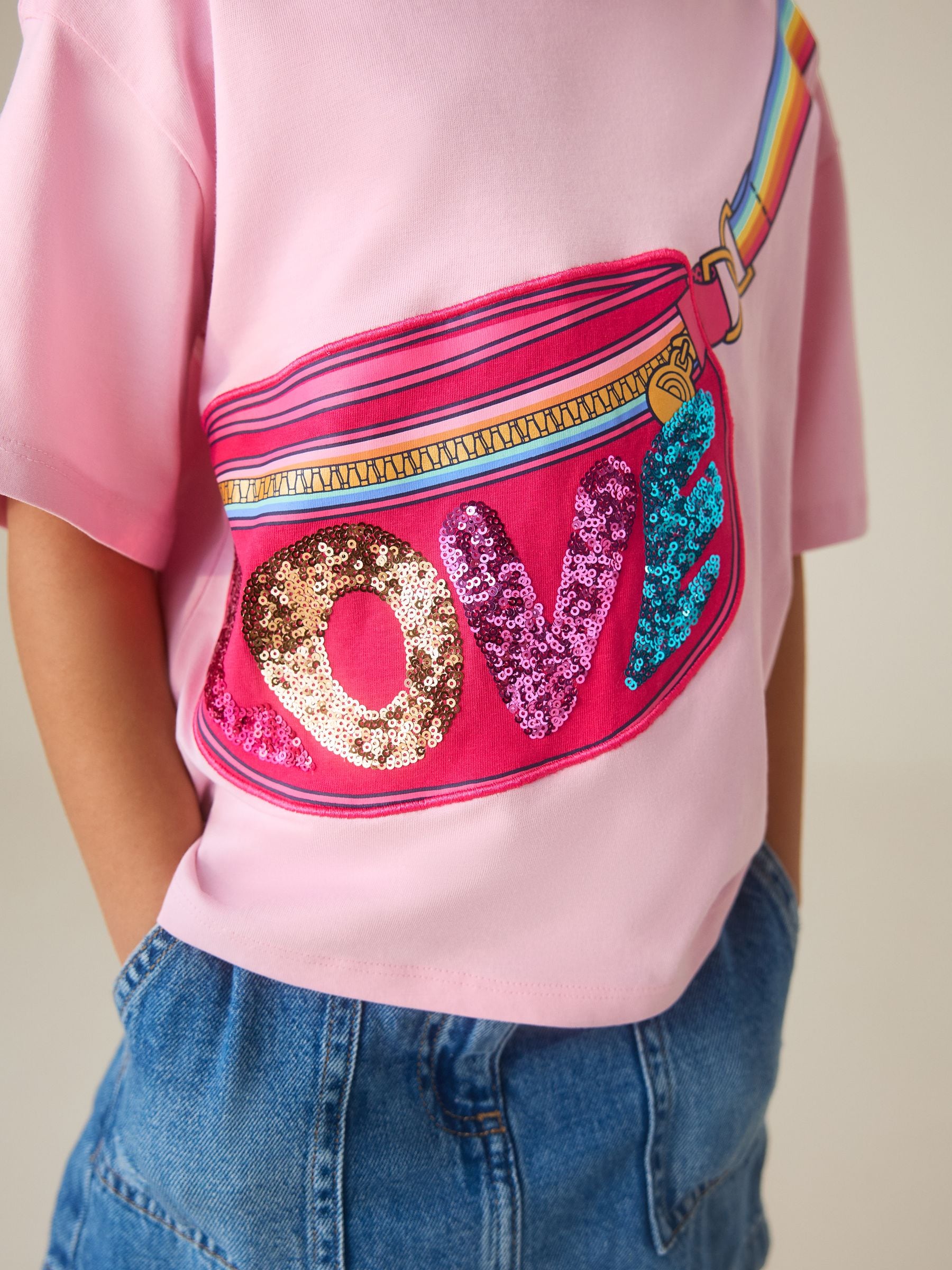 Little Bird by Jools Oliver Pink Bag Rainbow Strap Short Sleeve Jersey Slogan T-Shirt image 4