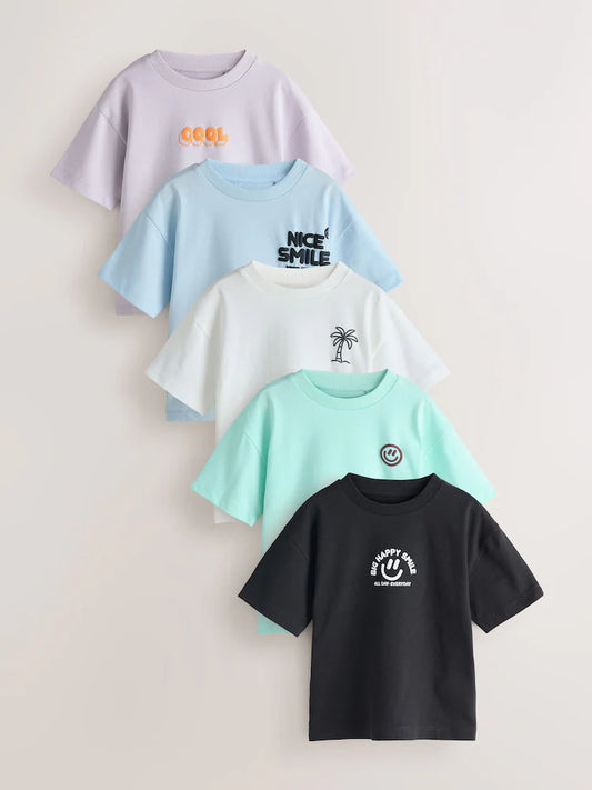 White/Blue/Green/Black/Purple Small Short Sleeve Graphic T-Shirts 5 Pack (3mths-7yrs)