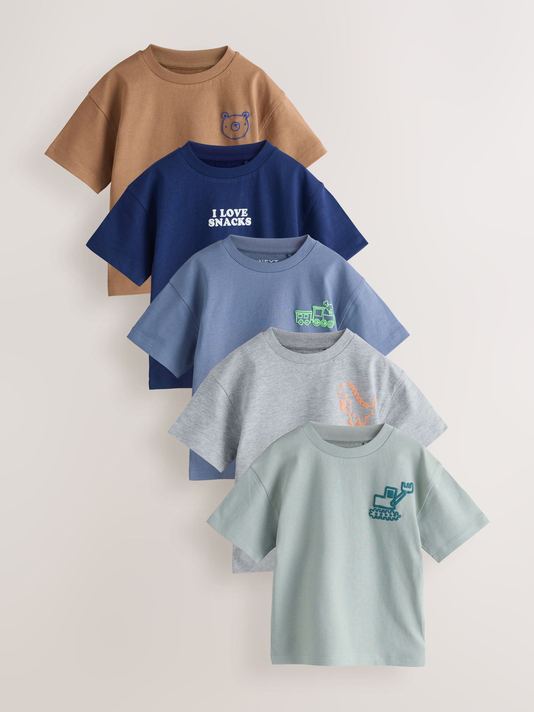 Blue/Charcoal/Green/Brown/Grey Small Short Sleeve Graphic T-Shirts 5 Pack (3mths-7yrs) image 1