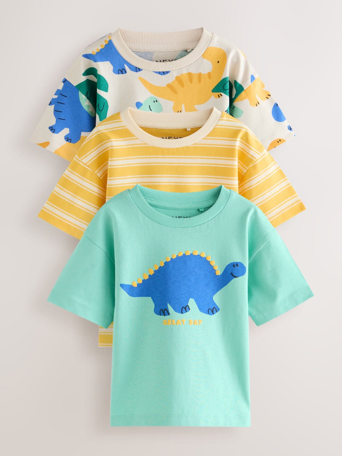 Yellow Dinosaur Short Sleeve All Over Graphic Print T-Shirts 3 Pack (3mths-7yrs) image 1