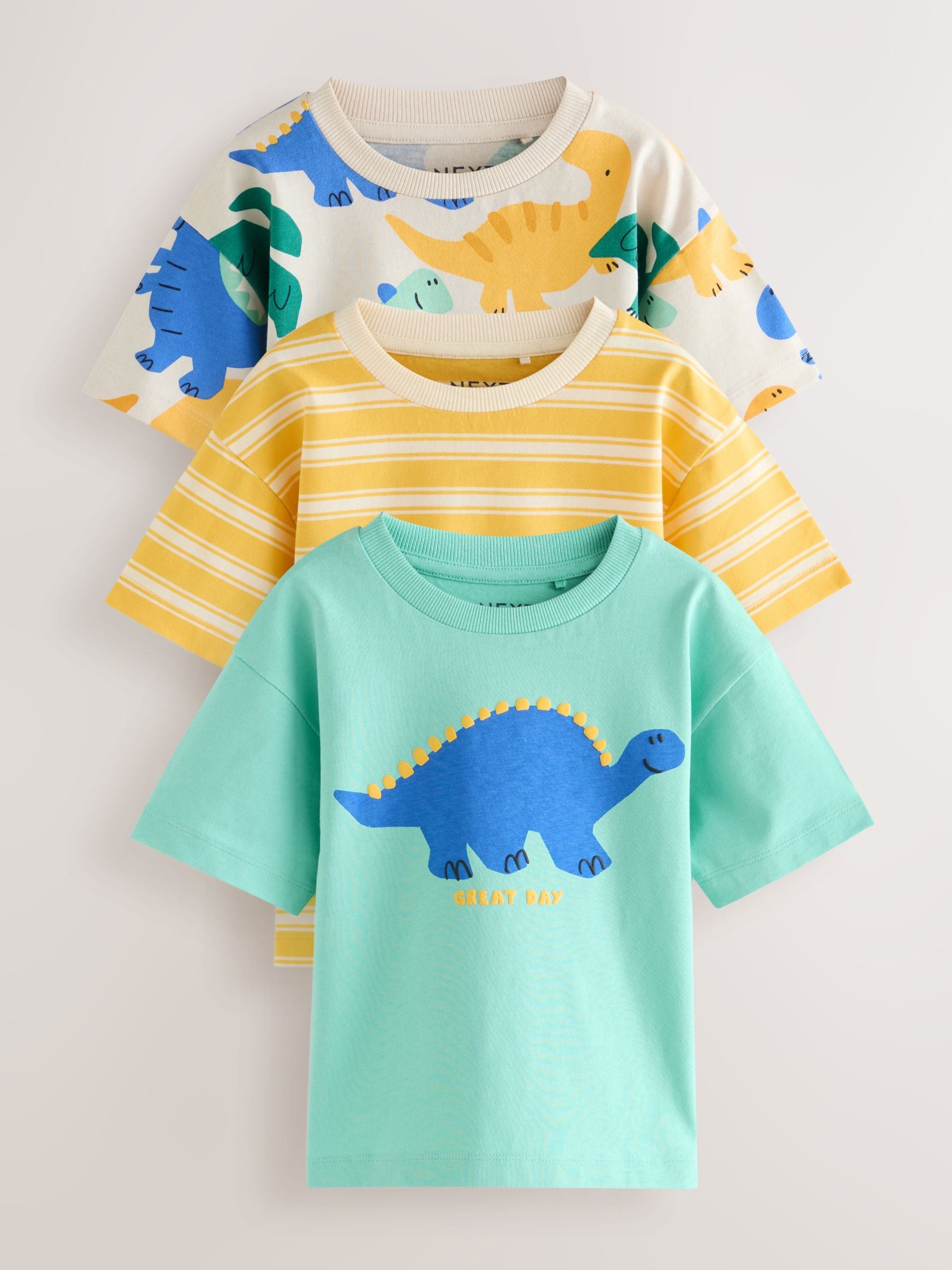 Yellow Dinosaur Short Sleeve All Over Graphic Print T-Shirts 3 Pack (3mths-7yrs) image 1