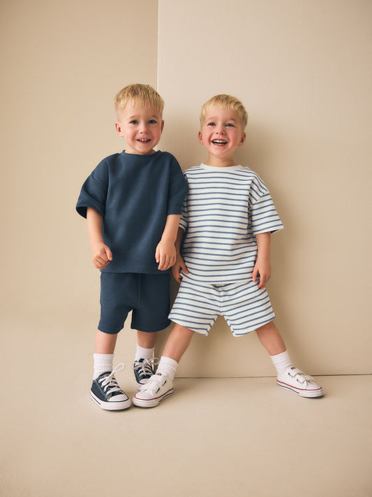 Blue/White Stripe Short Sleeve T-Shirt and Shorts Set 2 Pack (3mths-7yrs) image 3