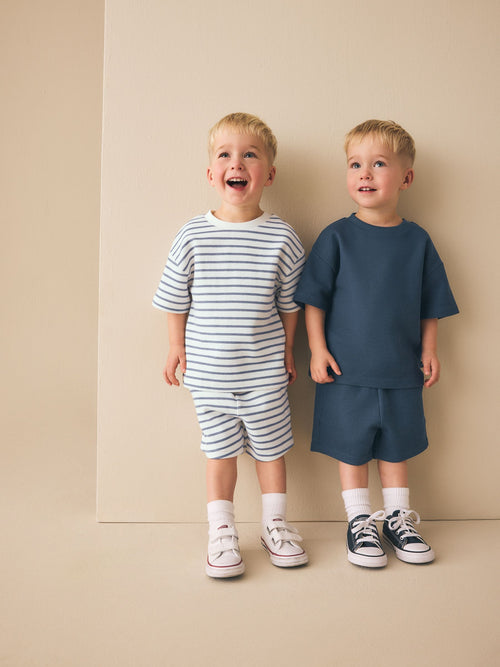 Blue/White Stripe Short Sleeve T-Shirt and Shorts Set 2 Pack (3mths-7yrs) image 1