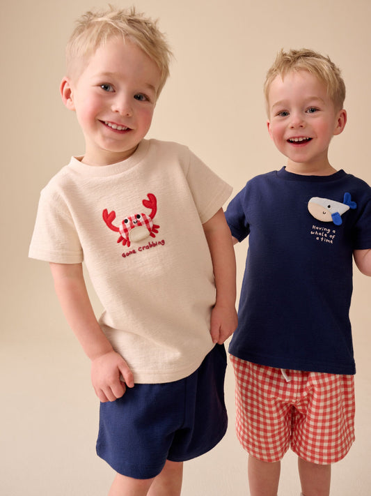 Navy/Cream Padded Sea Animals Short Sleeve T-Shirt and Shorts Set 2 Pack (3mths-7yrs) image 1