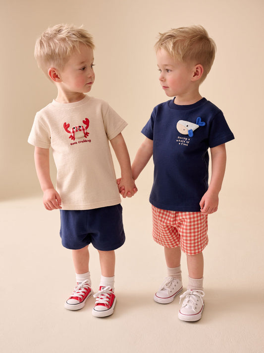 Navy/Cream Padded Sea Animals Short Sleeve T-Shirt and Shorts Set 2 Pack (3mths-7yrs) image 3