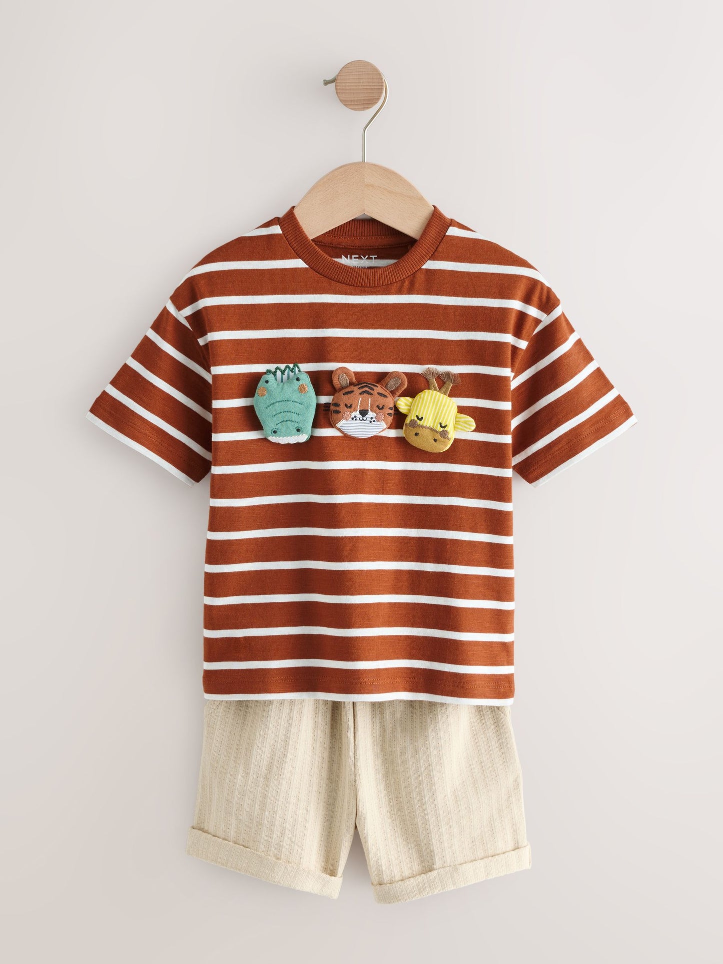 Rust Brown Stripe Padded Animals Short Sleeve T-Shirt and Shorts Set (3mths-7yrs) image 1