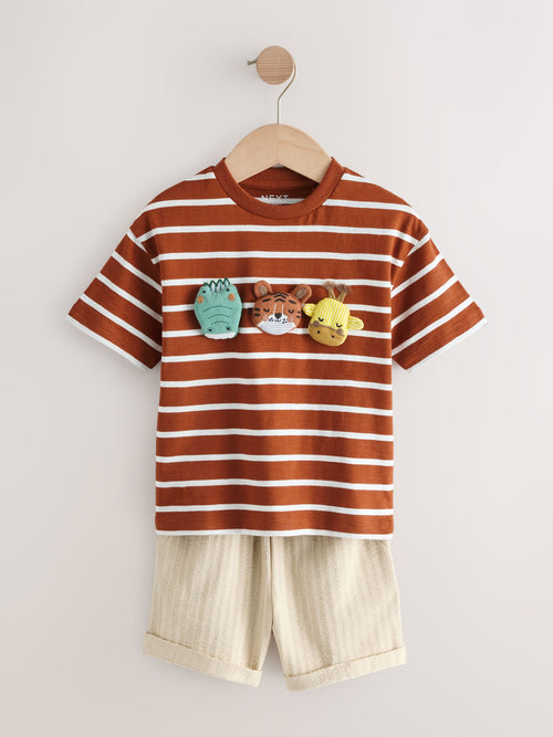 Rust Brown Stripe Padded Animals Short Sleeve T-Shirt and Shorts Set (3mths-7yrs) image 1
