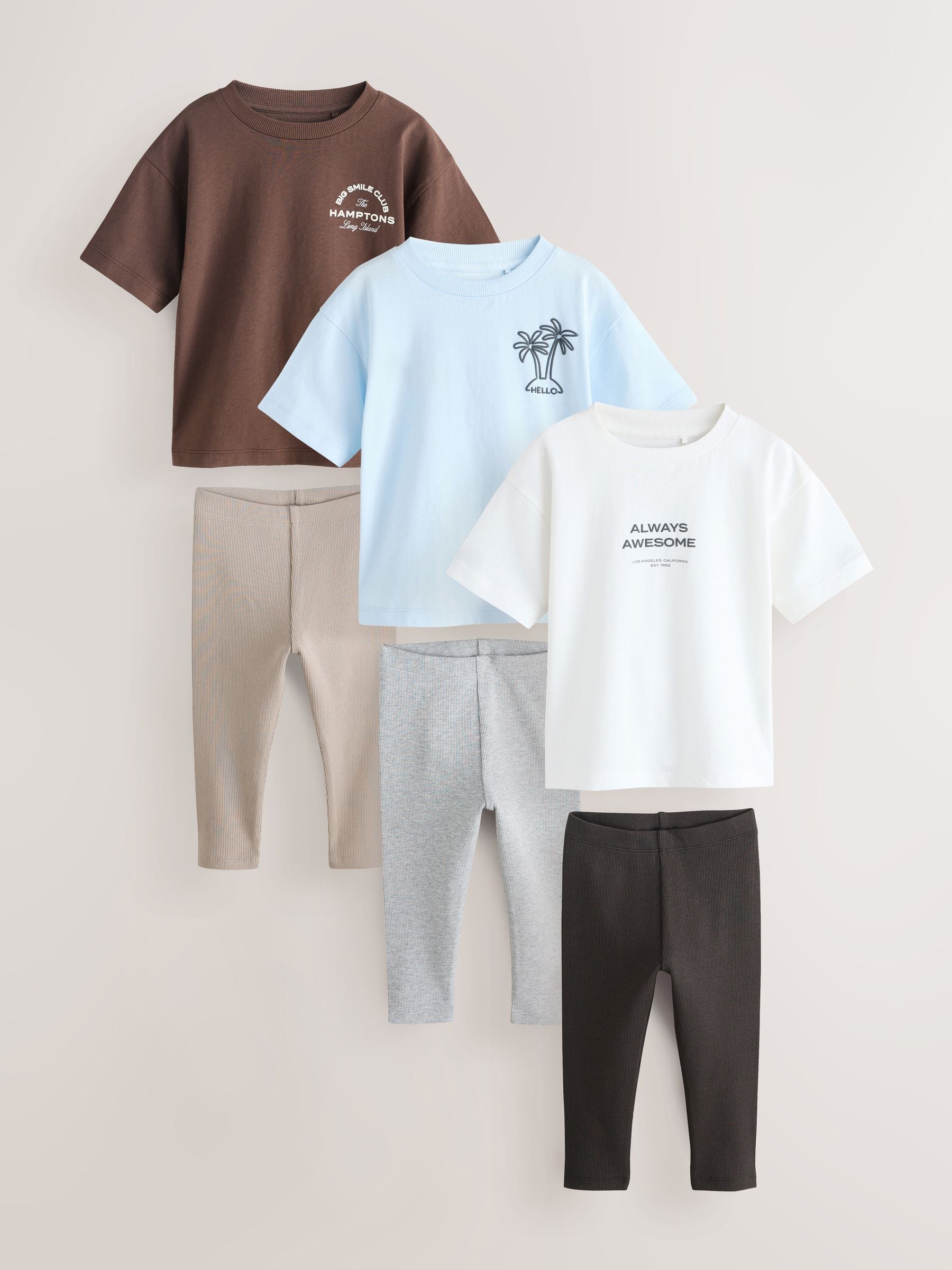 Blue/White/Brown Short Sleeve Top and Leggings Set 3 Pack (3mths-7yrs) image 4