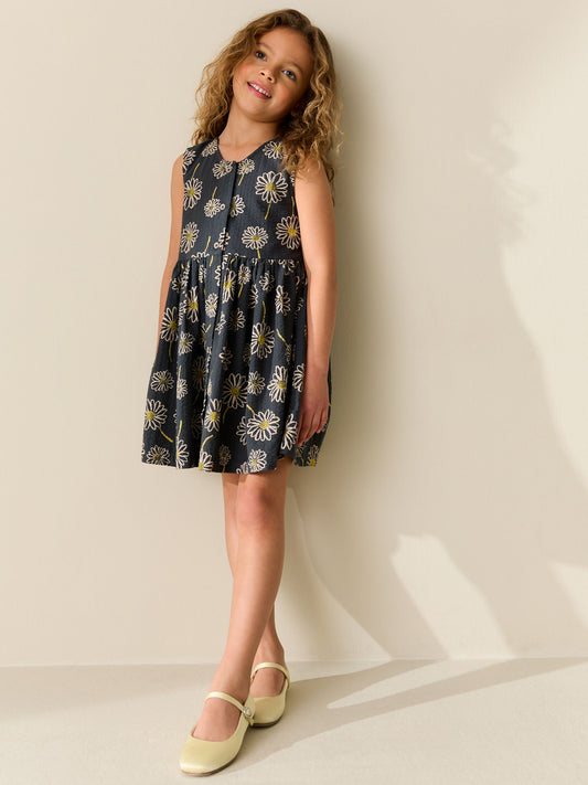 Monochrome Floral Stripe Short Sleeve Button Through Dress (3-16yrs) image 2