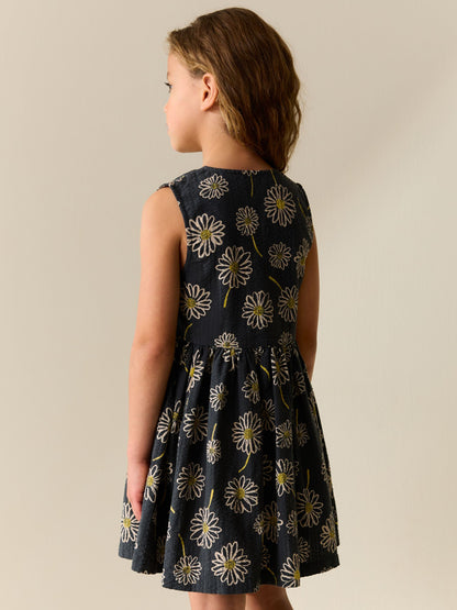 Monochrome Floral Stripe Short Sleeve Button Through Dress (3-16yrs) image 3