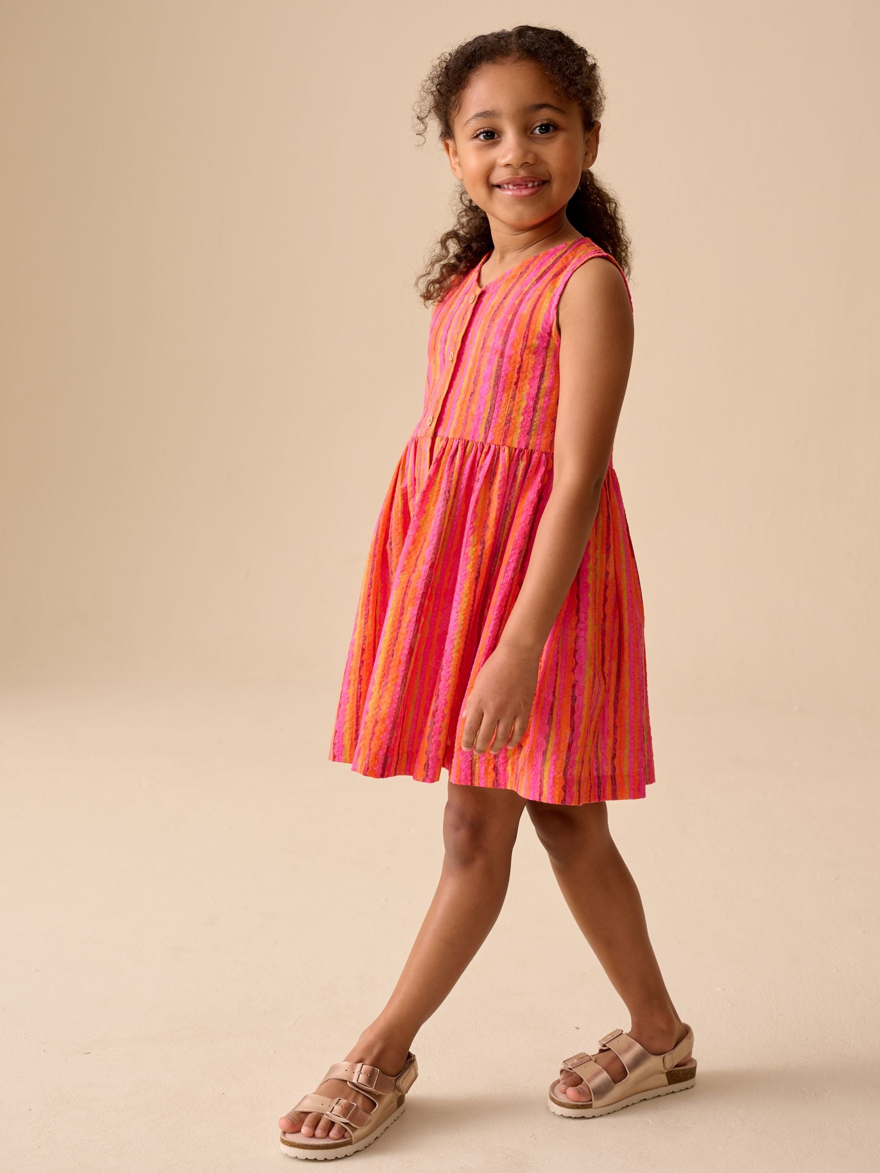 Red/Pink Stripe Stripe Short Sleeve Button Through Dress (3-16yrs) image 4