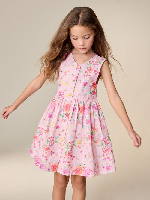 Dsiney Kidz - Pink Floral Stripe Short Sleeve Button Through Dress (3-16yrs) image 1