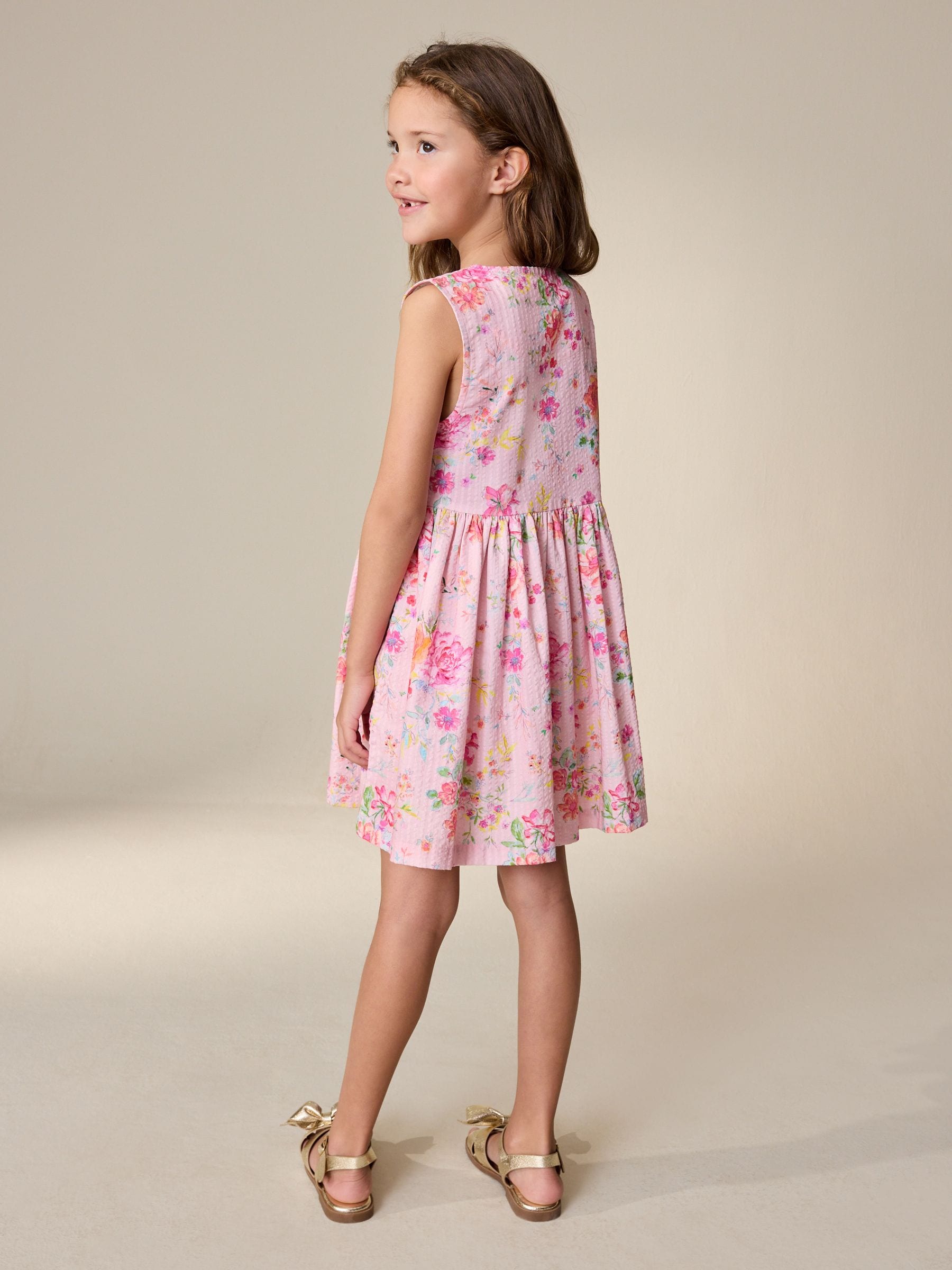 Pink Floral Stripe Short Sleeve Button Through Dress (3-16yrs) image 3
