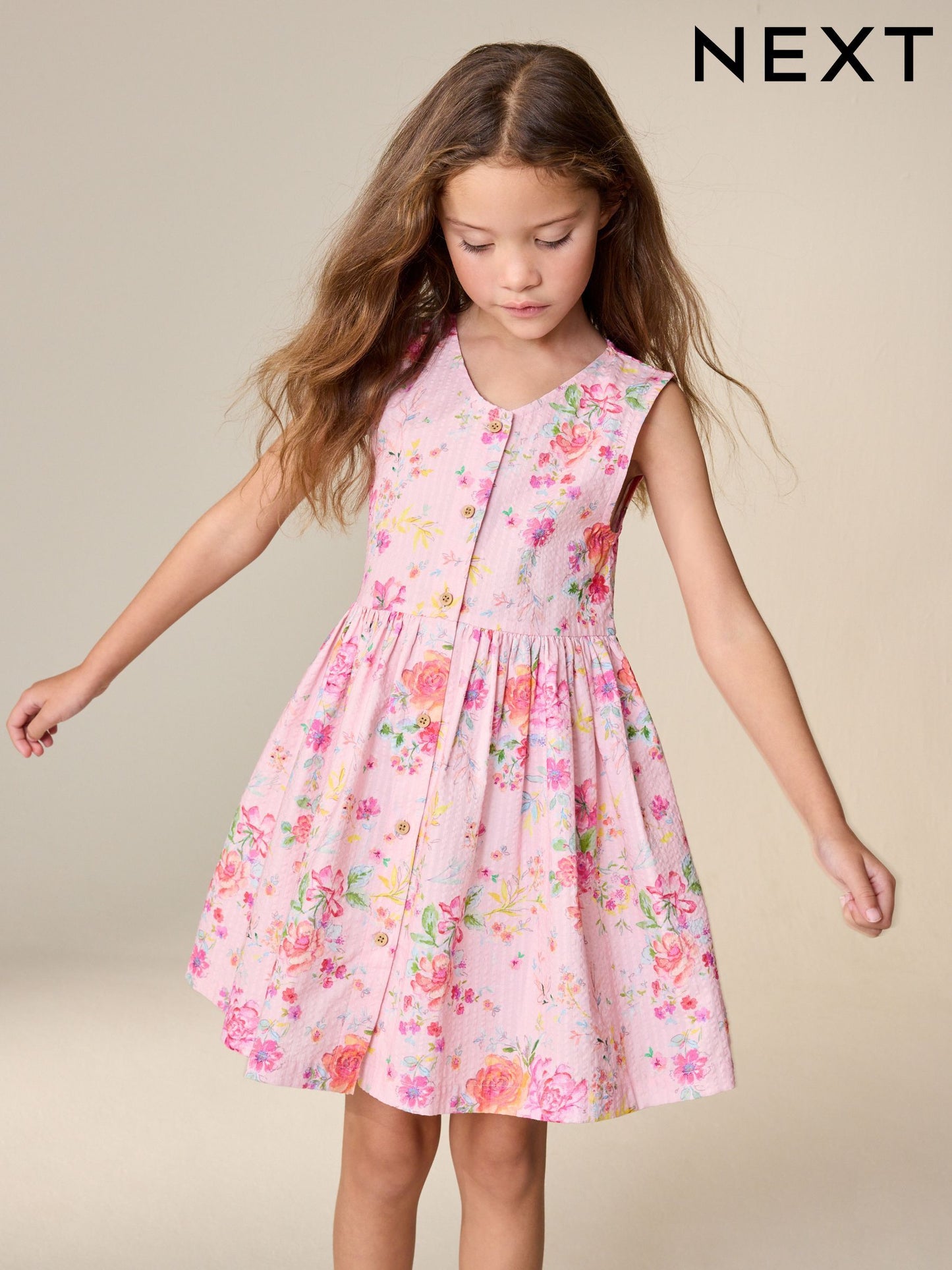 Pink Floral Stripe Short Sleeve Button Through Dress (3-16yrs) image 4
