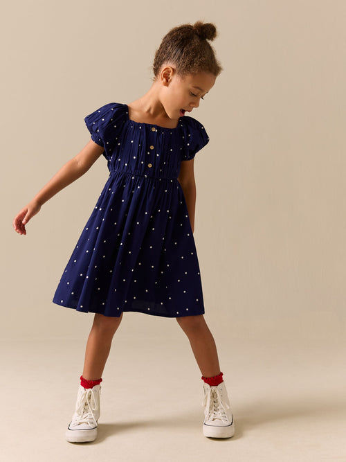 Navy Blue Spot Short Sleeve Dress (3-16yrs) image 1