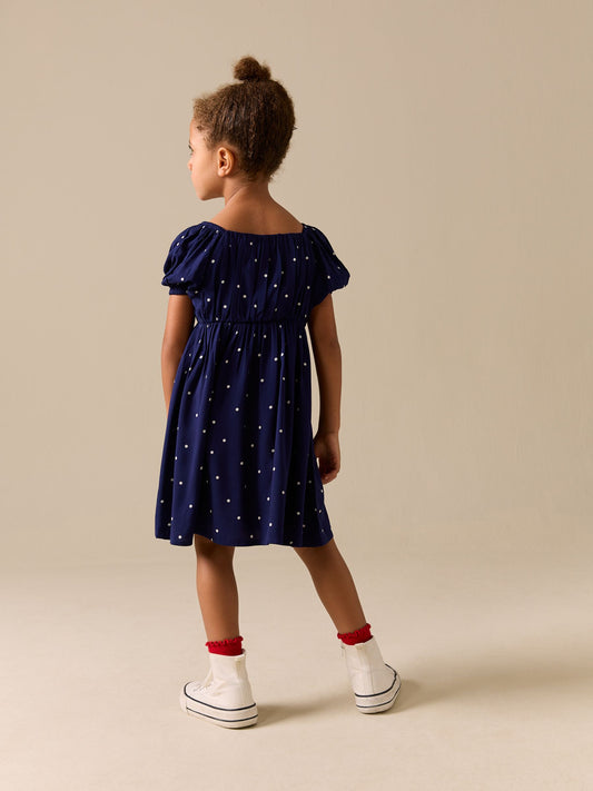 Navy Blue Spot Short Sleeve Dress (3-16yrs) image 2