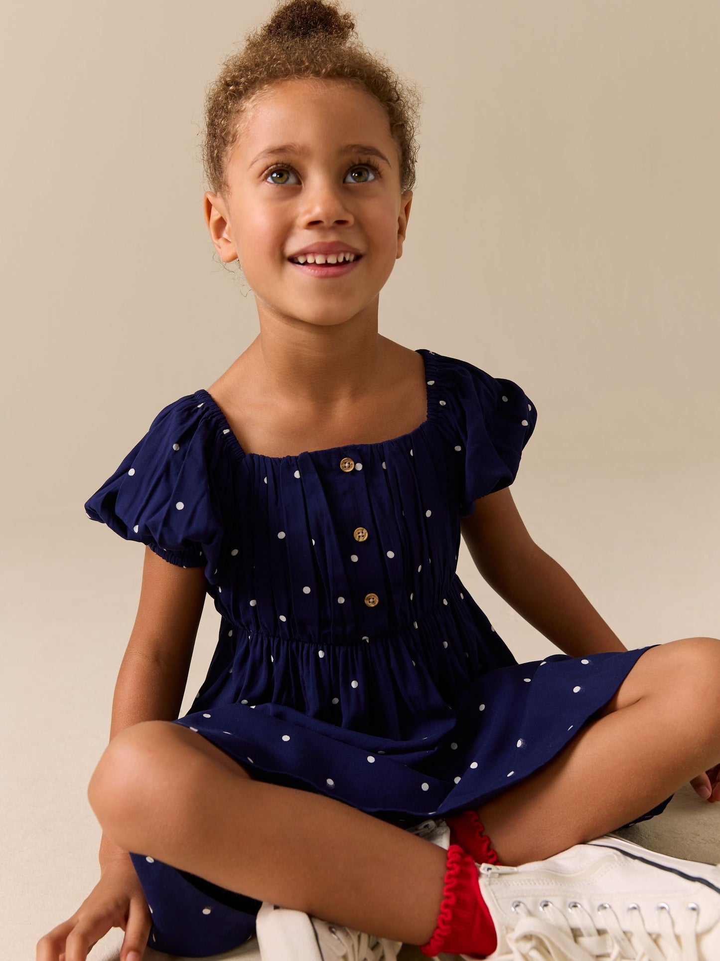 Navy Blue Spot Short Sleeve Dress (3-16yrs) image 3