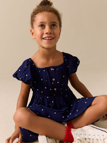 Navy Blue Spot Short Sleeve Dress (3-16yrs) image 3