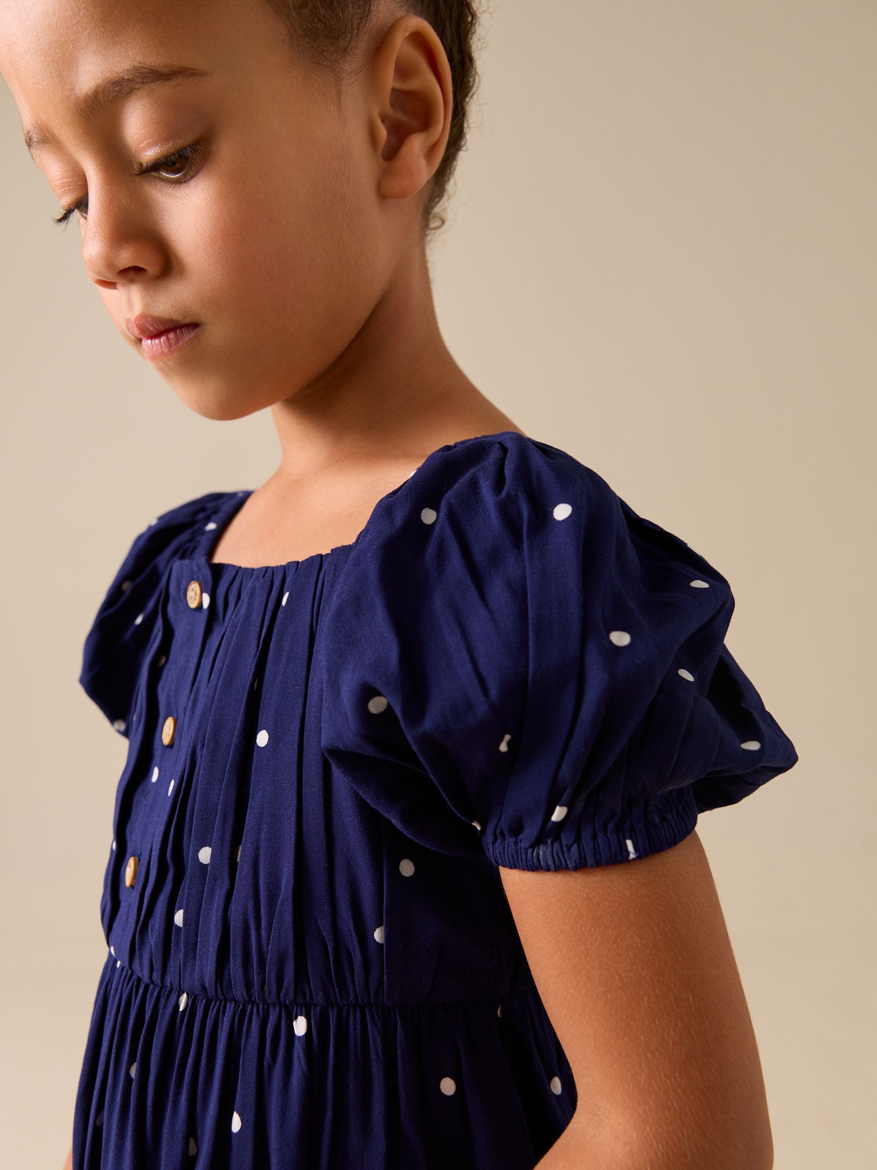 Navy Blue Spot Short Sleeve Dress (3-16yrs) image 4