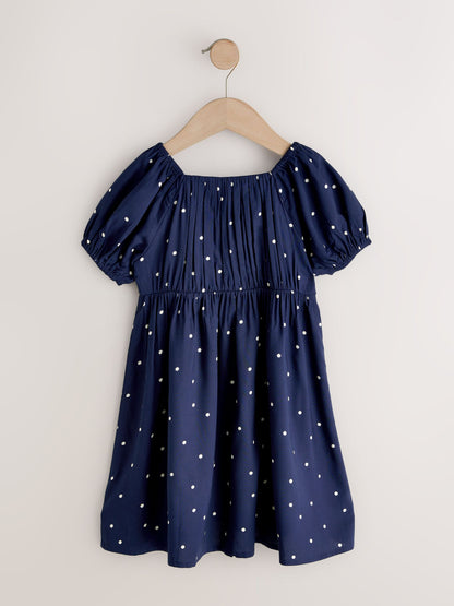 Navy Blue Spot Short Sleeve Dress (3-16yrs) image 6