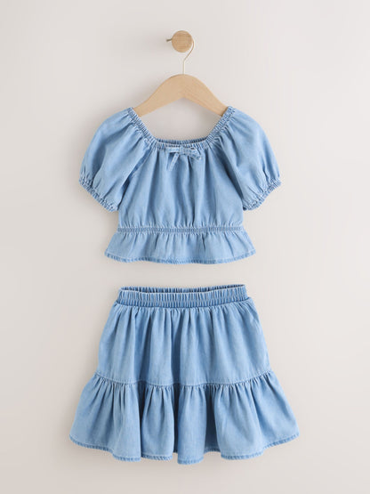 Dsiney Kidz - Blue Denim Puff Sleeve Blouse and Skirt Set (3-16yrs) image 5