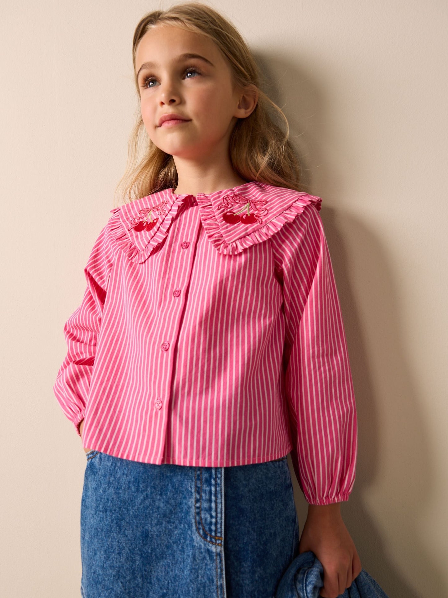 Dsiney Kidz - Pink Stripe Long Sleeve Cherry Embroidered Collar Blouse (3-16yrs) image 1
