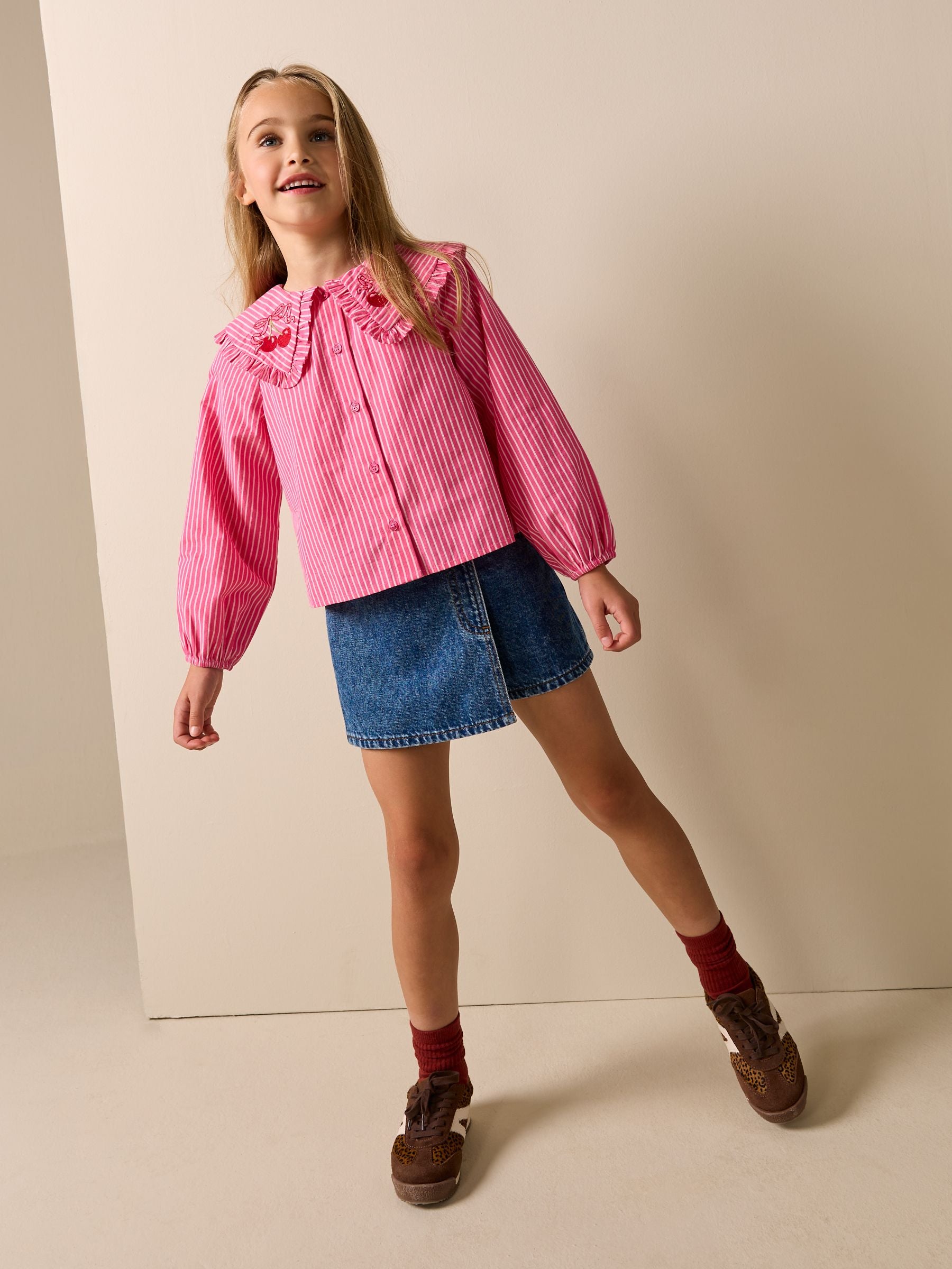 Dsiney Kidz - Pink Stripe Long Sleeve Cherry Embroidered Collar Blouse (3-16yrs) image 2