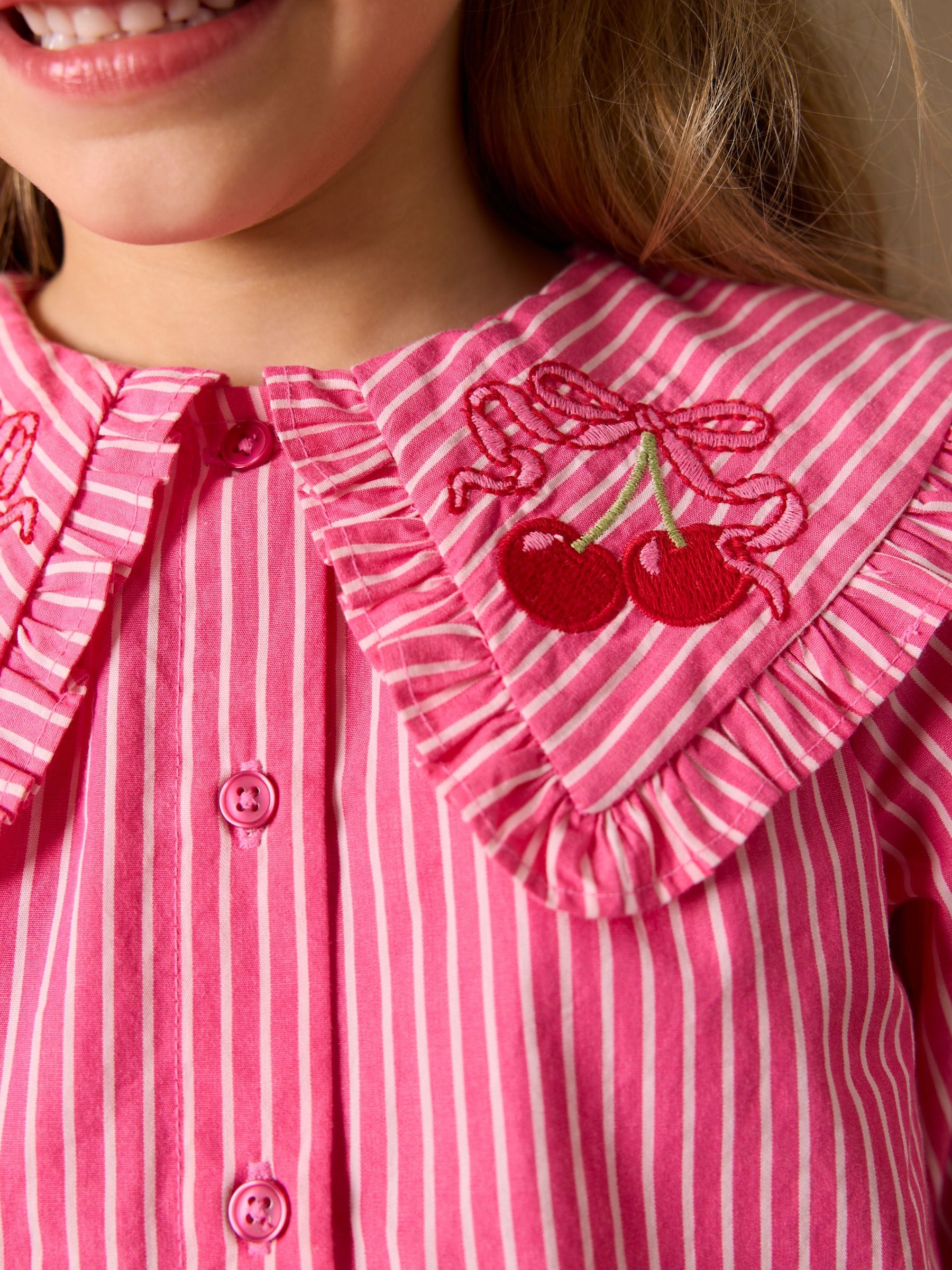 Dsiney Kidz - Pink Stripe Long Sleeve Cherry Embroidered Collar Blouse (3-16yrs) image 4