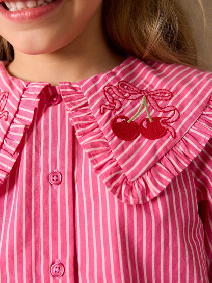 Dsiney Kidz - Pink Stripe Long Sleeve Cherry Embroidered Collar Blouse (3-16yrs) image 4