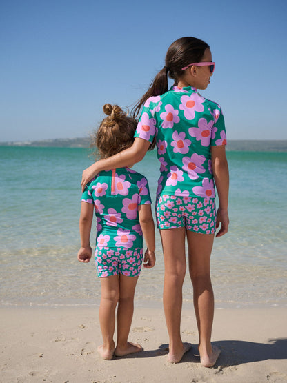 Green Stampy Floal Short Sleeved Sunsafe Swim Set (3mths-10yrs) image 3
