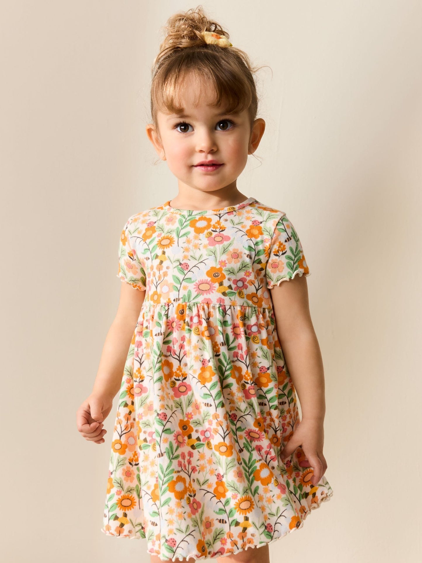 Orange Floral Short Sleeve Ribbed Dress (3mths-7yrs) image 1