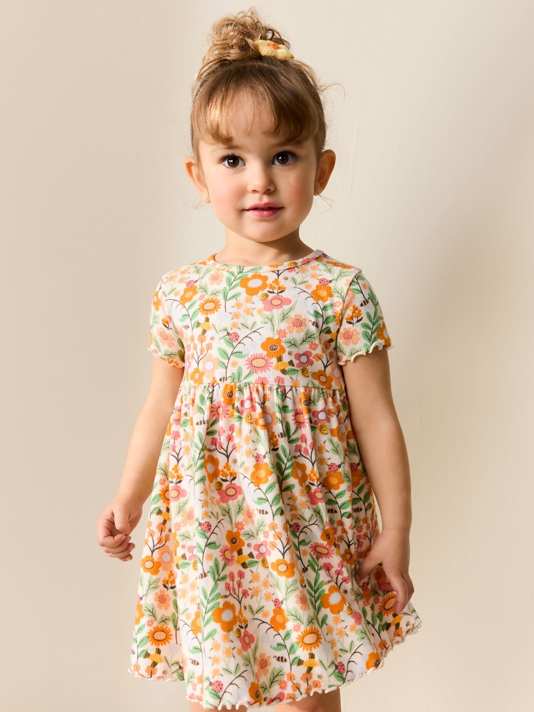 Orange Floral Short Sleeve Ribbed Dress (3mths-7yrs) image 1