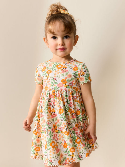 Orange Floral Short Sleeve Ribbed Dress (3mths-7yrs) image 1