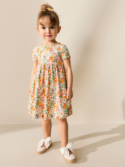 Orange Floral Short Sleeve Ribbed Dress (3mths-7yrs) image 2